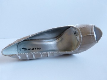 srebrne satynowe czółena szpilki damski Tamaris 40