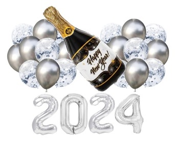 Balony na Sylwestra srebrne Happy New Year Zestaw Szampan Cyfry konfetti