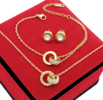 KOMPLET ZŁOTY 3 cz ZIRCONIA RING STAL 316 L