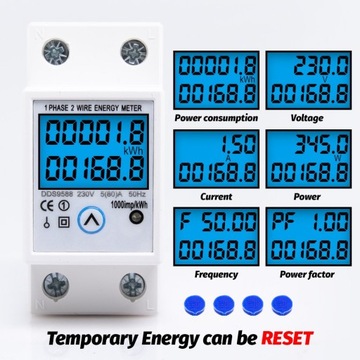 Jednofazowy licznik energii na szynę Din Reset