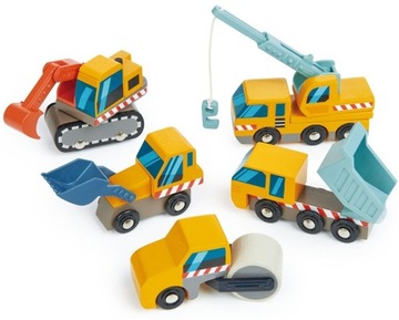 DREWNIANE POJAZDY BUDOWLANE 5 szt TENDER LEAF TOYS