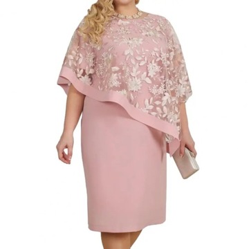 Women Dress Fake 2pcs O-Neck Embroidery Floral Mesh Shawl Formal Dress