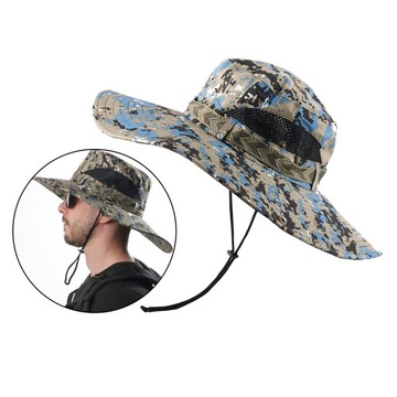 Kapelusz z szerokim rondem Letni kapelusz typu Bucket z oddychającą siatką w kolorze niebieskim