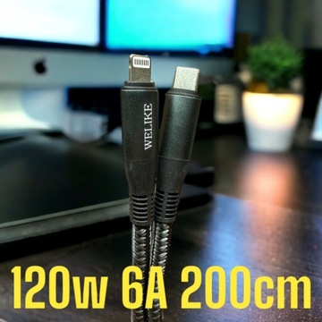 Мощный кабель USB C Lightning, 120 Вт, 6 А, 2 м, сверхбыстрая зарядка PD