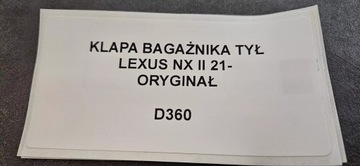 VÍKO KUFRU KUFRU ZADNÍ LEXUS NX II 2021- ORIGINÁLNÍ