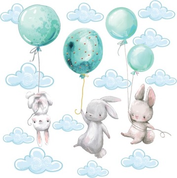 Duża naklejka na ścianę dla dzieci KRÓLIKI BALONY CHMURY - 100cm x 130cm
