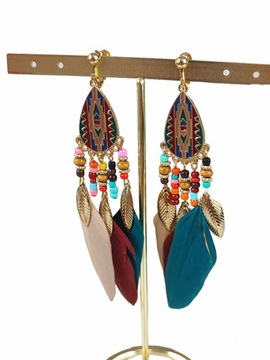 Klipsy długie wiszące pióra styl boho c82