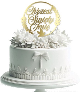 Topper Chrzest Święty + IMIĘ w kole złoty dekoracja tort Chrzest Święty