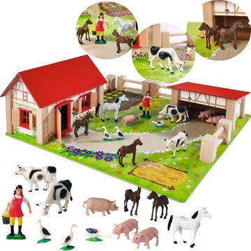 DUŻA DREWNIANA FARMA ZAGRODA STAJNIA Z BUDYNKAMI + 12 FIGUREK ZWIERZĄT