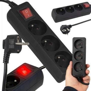 KABEL PRZEDŁUŻACZ SIECIOWY DO PRĄDU DOMU 3 GNIAZDA CZARNY MOCNY DŁUGI 5M