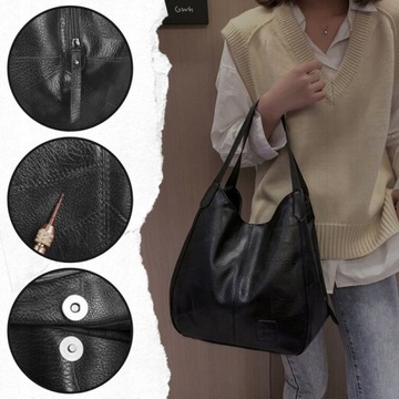 Черная большая вместительная женская сумка через плечо для покупок