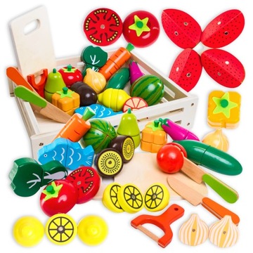 DREWNIANE WARZYWA I OWOCE NA MAGNES ZESTAW DO KROJENIA ZABAWKA EDUKACYJNA