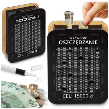 Duża Skarbonka Wykreślana Wykreślanka na Prezent Cel 15000 zł, Czarna