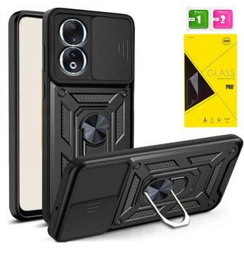 Etui PANCERNE SLIDE RING Case Czarne STOJAK do Honor 90 / 90 Pro 5G + szkło