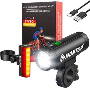 zestaw świateł rowerowych Montop USB oświetlenie rowerowe stvzo przód tył