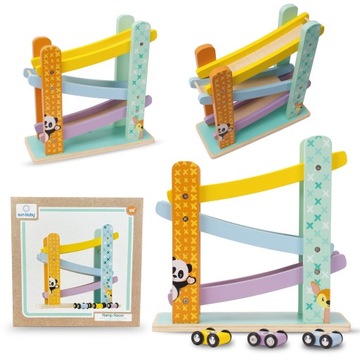 Drewniany tor samochodowy zjeżdżalnia z autkami