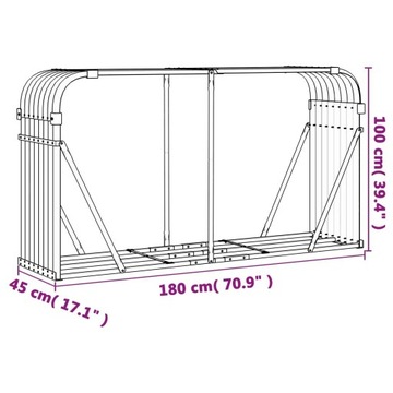 STOJAK NA DREWNO SREBRNY 180X45X100CM STAL GALWANIZOWANA