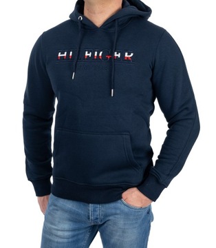 BLUZA TOMMY HILFIGER MĘSKA DUŻE KOLOROWE LOGO GRANATOWA Z KAPTUREM S