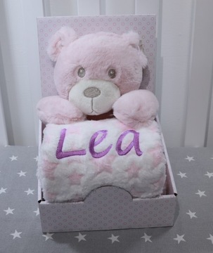 Zestaw MIŚ - Kocyk z imieniem i obrazkiem + różowa MASKOTKA baby shower