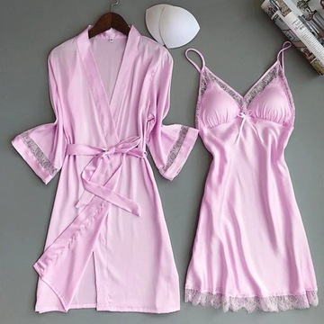 2 Piece Set Pajamas Women Silk Robe Kimono Lace Tr