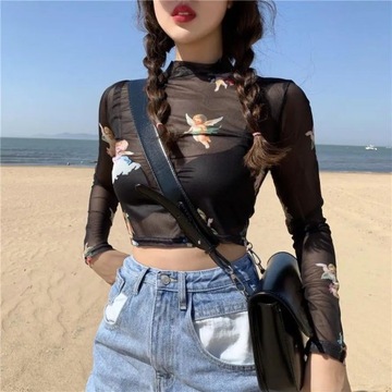 Black Mesh Angel Pattern T Shirt Sexy Crop Top Wom