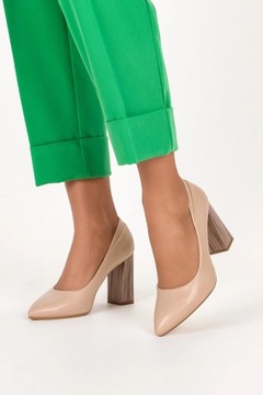 ТУФЛИ НА ДЕКОРАТИВНОМ КАБЛУКЕ, БЕЖЕВЫЕ, КОЖАНАЯ Стелька, РАЗМЕР ЖЕНСКИЙ 37