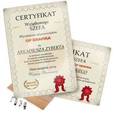 PREZENT DLA SZEFA Certyfikat z podziękowaniem dla szefa w antyramie A4