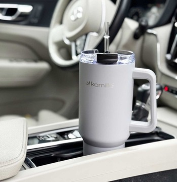 Термическая кружка с водой с соломой 1200 мл 1,2 л. Большой серый Kamille KM2173