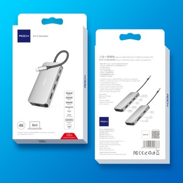 АДАПТЕР-ХАБ 8 В 1 ДОК-СТАНЦИЯ ROCK USB-C HDMI 4K SD RJ45 87 Вт ДЛЯ MACBOOK