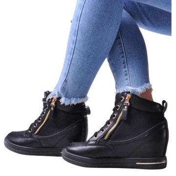 SPORTOWE TRAMPKI SNEAKERSY NA KOTURNIE CZARNE BUTY DAMSKIE 12817 38