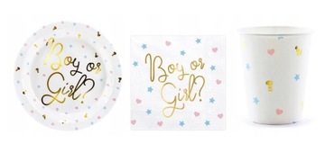 Zestaw papierowy BOY OR GIRL, baby shower, zestaw jednorazowy