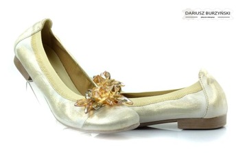 35 BALERINY 173GKR BEŻOWOZŁOTE SKÓRZANE GUMKĄ SKÓRA