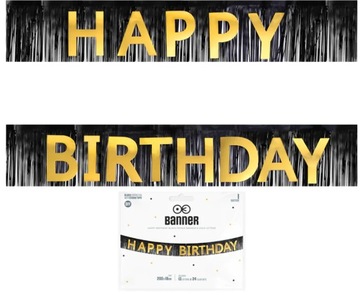 Baner HAPPY BIRTHDAY Girlanda urodzinowa czarno złota paski frędzle 200cm
