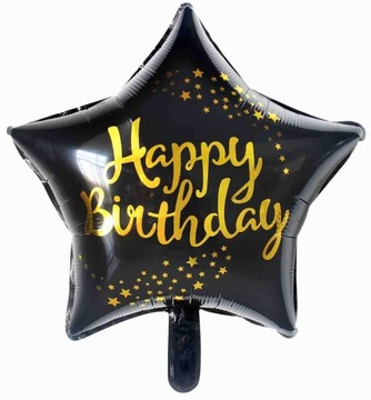 BALON FOLIOWY GWIAZDA CZARNA ZŁOTY NAPIS HAPPY HEL