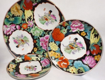 3 КИТАЙСКИЕ ТАРЕЛКИ С ЖЕНЩИНОЙ И ЦВЕТАМИ ОТ 26 ДО 14,5 СМ