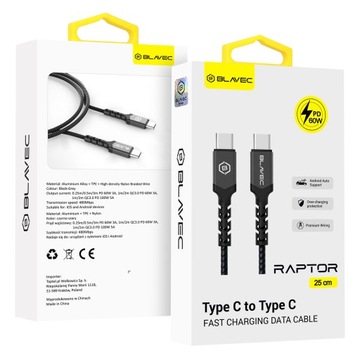 Blavec Kabel Raptor pleciony Typ C na Typ C PD 60W 3A 0,25m CC3BG025 czarno