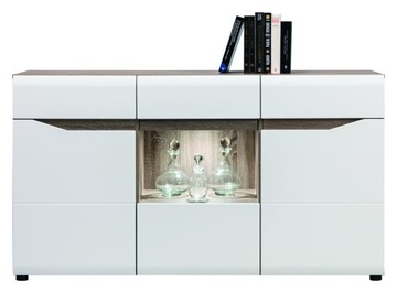 KOMODA Z PRZESZKLENIEM 150 LI4 LIONEL biały połysk + dąb sonoma truflowy