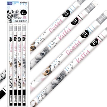 НАБОР ШКОЛЬНЫХ КАРАНДАШЕЙ С ЛАСТИКОМ ИЗ 4-Х СОБАКИ-КОТА