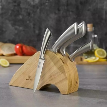 Набор стальных кухонных ножей на деревянной подставке, 6 шт.