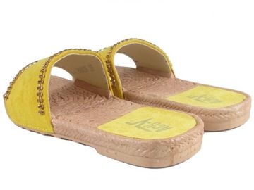 Żółte klapki damskie z cyrkoniami płaskie buty 41
