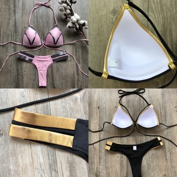 BIKINI STRINGI STRÓJ KĄPIELOWY PUSH-UP PASKI GOLD