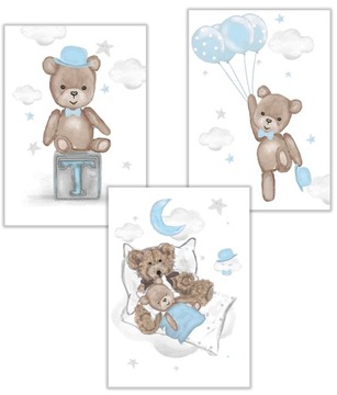 3 x Plakat plakaty śpiący miś na chmurce pastelowe misie dla chłopca a4