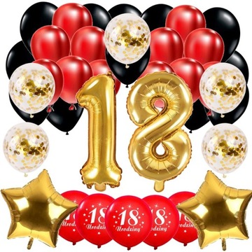 BALONY ZESTAW 18 Urodziny OSIEMNASTKA ZŁOTY