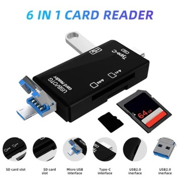 CZYTNIK PAMIĘCI 6w1 USB TYP-C MICRO ANDROID OTG Czarny