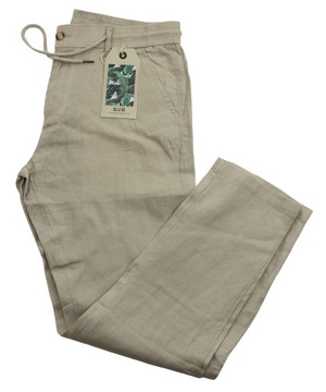 Spodnie męskie letnie 100% lniane na gumce-wiązane -beżowe W46