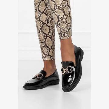 MOKASYNY DAMSKIE PÓŁBUTY LAKIEROWANE Z OZDOBĄ WKŁADKA SOFT PŁASKIE NEW 39