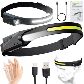 MOCNA LATARKA CZOŁOWA LED CZOŁÓWKA NA GŁOWĘ COB WODOODPORNA USB AKUMULATOR