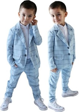 ROYAL KIDS GARNITUR BAWEŁNIANY BŁĘKITNY W SZARĄ KRATKĘ r 92 98