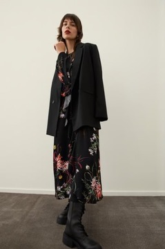 H&M kwiaty sukienka maxi midi długa falbanki falbany czarna kwiatki wzór S