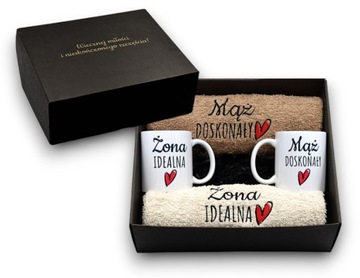 Prezent na ślub zestaw RĘCZNIKI KUBKI wesele haft mąż żona rocznica BOX